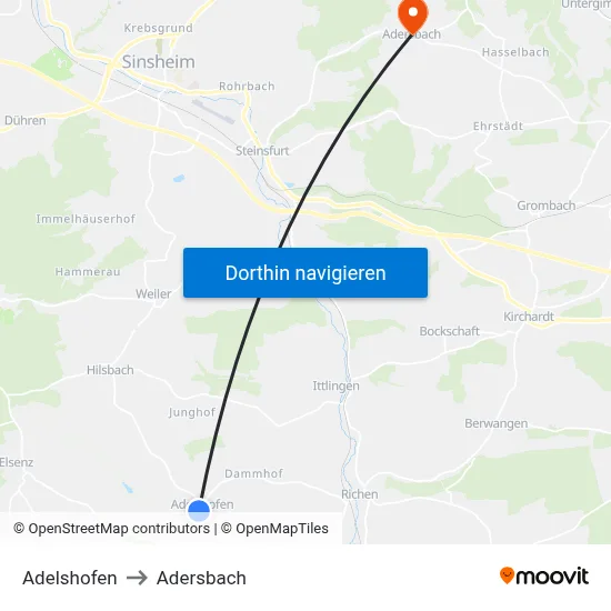 Adelshofen to Adersbach map