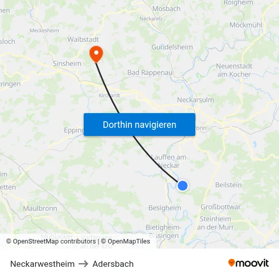 Neckarwestheim to Adersbach map