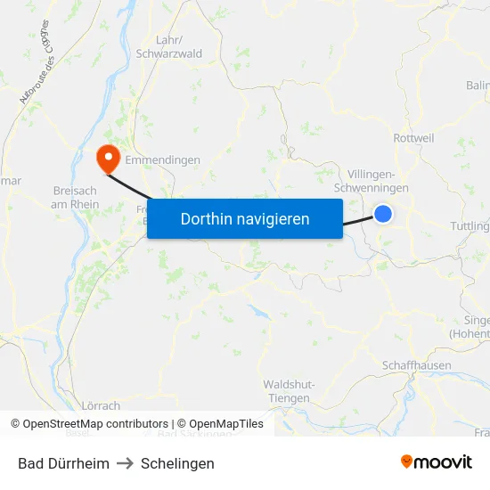 Bad Dürrheim to Schelingen map