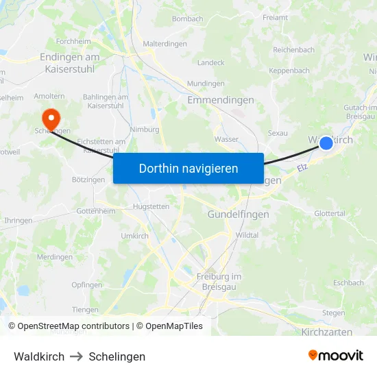 Waldkirch to Schelingen map