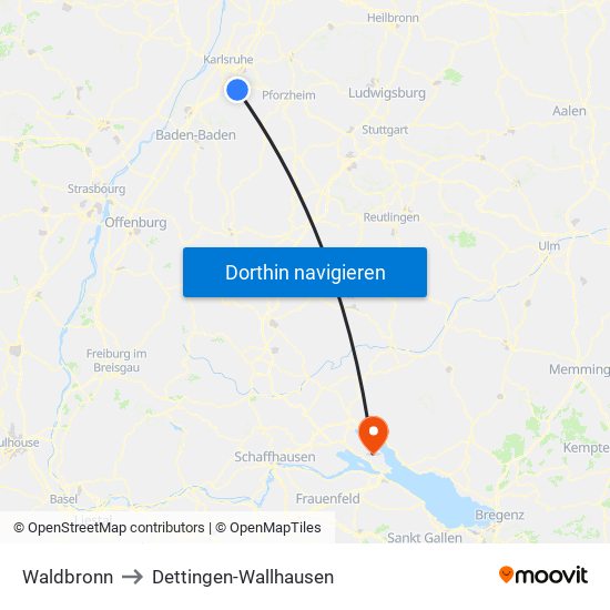 Waldbronn to Dettingen-Wallhausen map