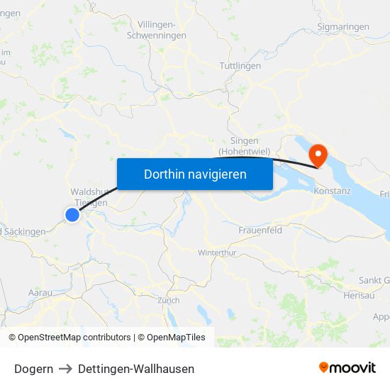 Dogern to Dettingen-Wallhausen map