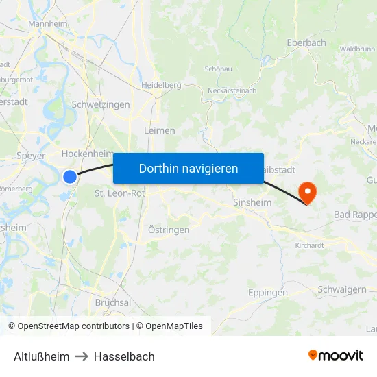 Altlußheim to Hasselbach map