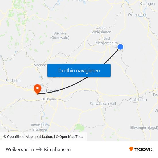 Weikersheim to Kirchhausen map