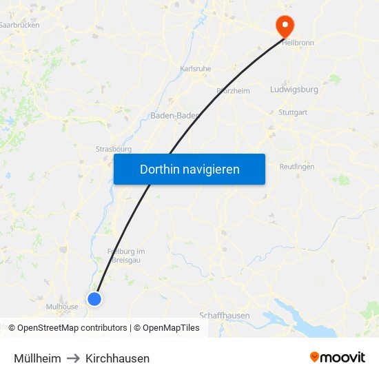 Müllheim to Kirchhausen map