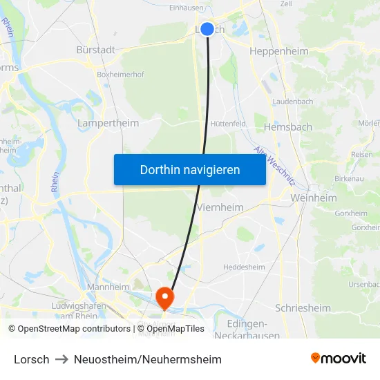 Lorsch to Neuostheim/Neuhermsheim map