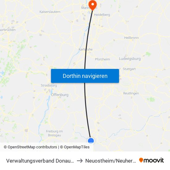 Verwaltungsverband Donaueschingen to Neuostheim/Neuhermsheim map