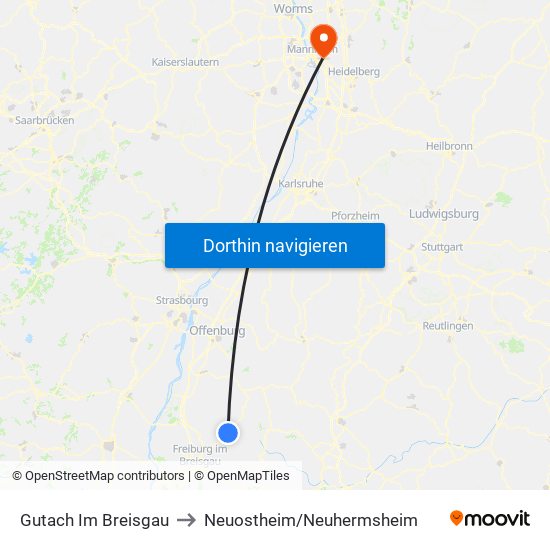 Gutach Im Breisgau to Neuostheim/Neuhermsheim map