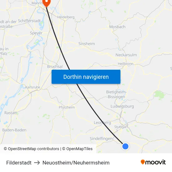 Filderstadt to Neuostheim/Neuhermsheim map