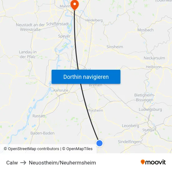 Calw to Neuostheim/Neuhermsheim map