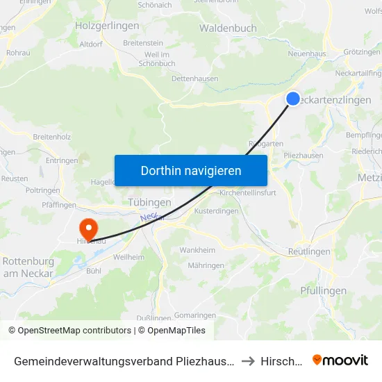 Gemeindeverwaltungsverband Pliezhausen to Hirschau map