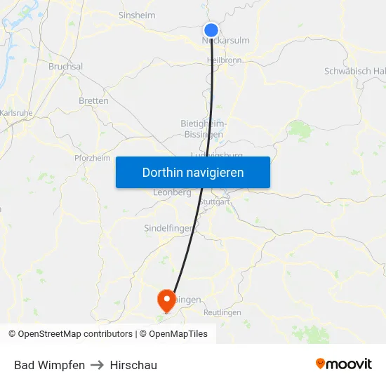 Bad Wimpfen to Hirschau map