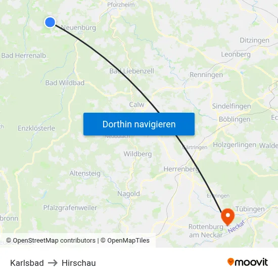 Karlsbad to Hirschau map