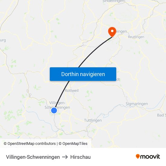 Villingen-Schwenningen to Hirschau map