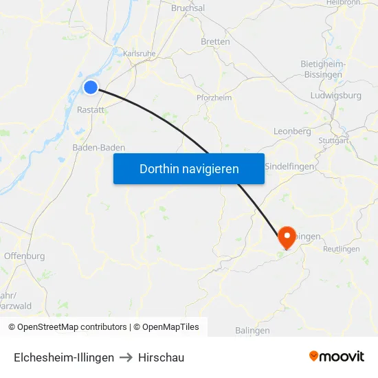 Elchesheim-Illingen to Hirschau map