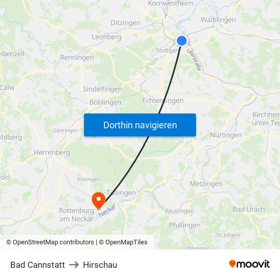 Bad Cannstatt to Hirschau map