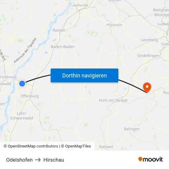 Odelshofen to Hirschau map