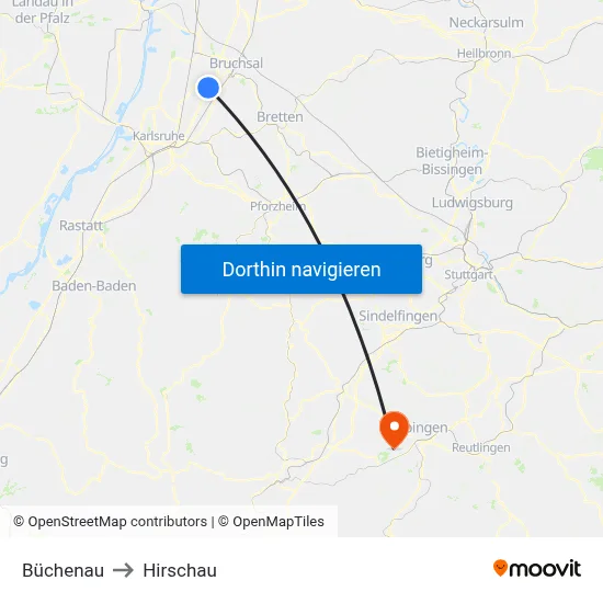 Büchenau to Hirschau map