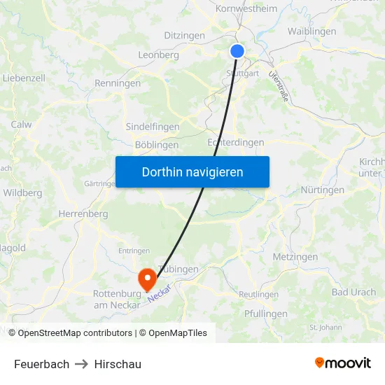 Feuerbach to Hirschau map