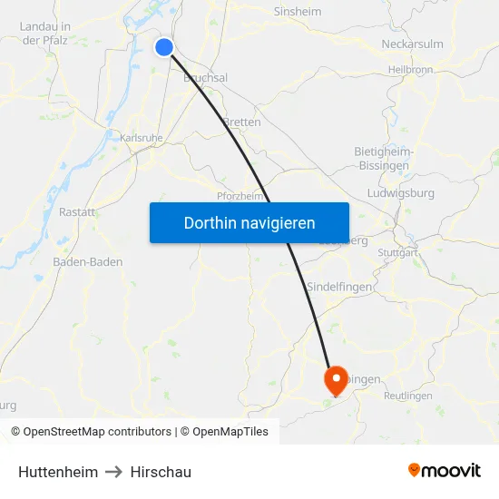 Huttenheim to Hirschau map