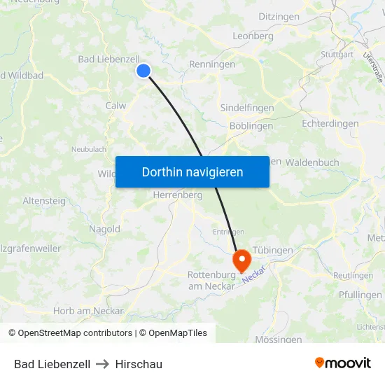 Bad Liebenzell to Hirschau map