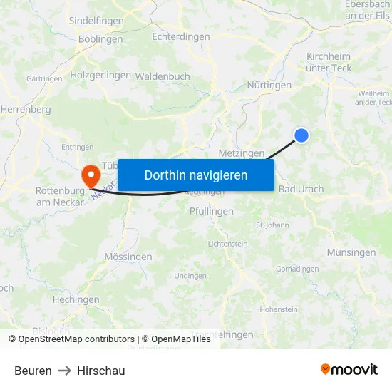 Beuren to Hirschau map