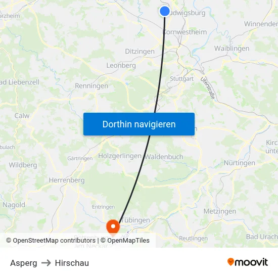 Asperg to Hirschau map