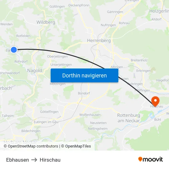 Ebhausen to Hirschau map