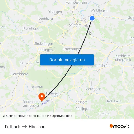 Fellbach to Hirschau map