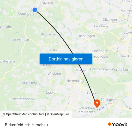 Birkenfeld to Hirschau map