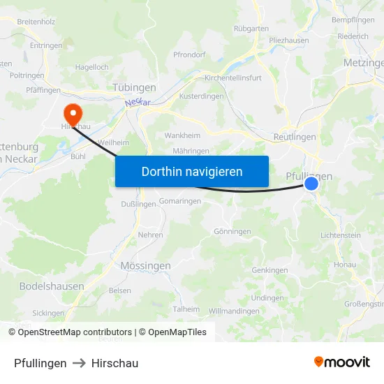 Pfullingen to Hirschau map