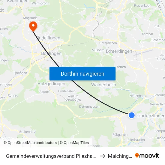 Gemeindeverwaltungsverband Pliezhausen to Maichingen map