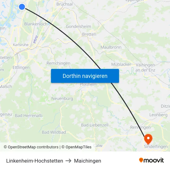Linkenheim-Hochstetten to Maichingen map