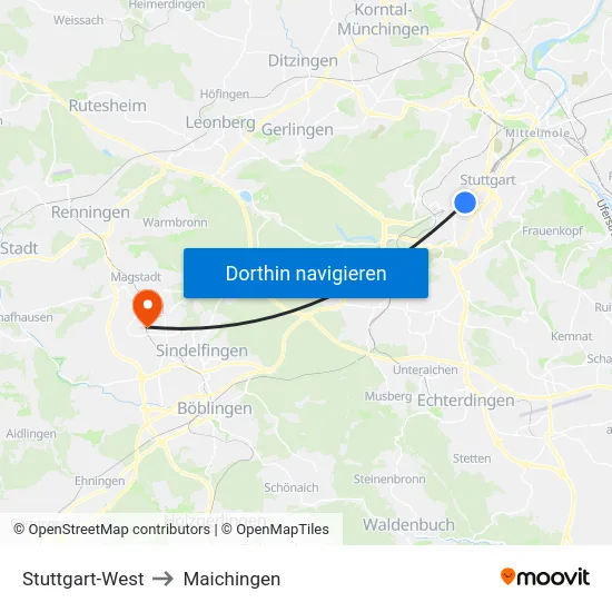 Stuttgart-West to Maichingen map