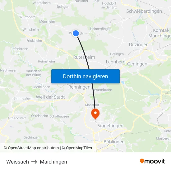 Weissach to Maichingen map