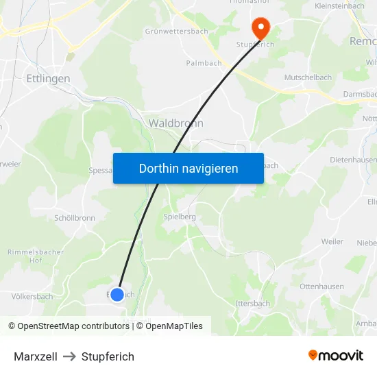 Marxzell to Stupferich map