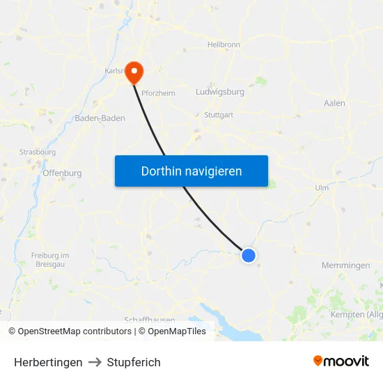Herbertingen to Stupferich map
