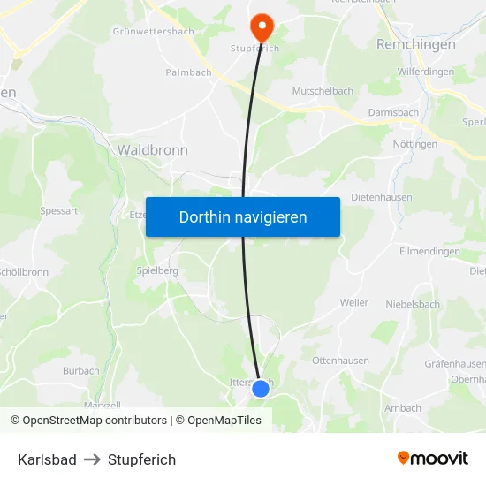Karlsbad to Stupferich map