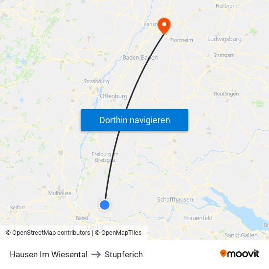 Hausen Im Wiesental to Stupferich map