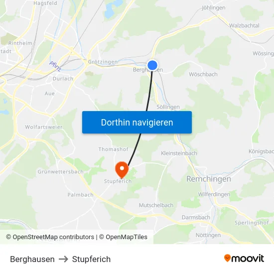 Berghausen to Stupferich map