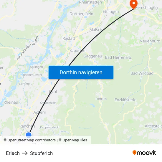 Erlach to Stupferich map