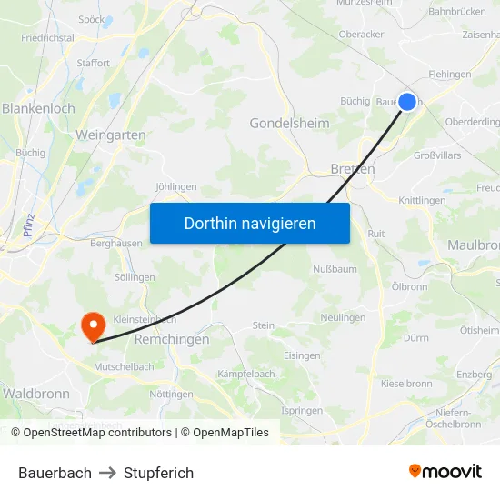 Bauerbach to Stupferich map