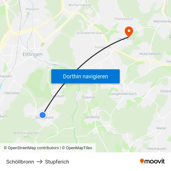Schöllbronn to Stupferich map