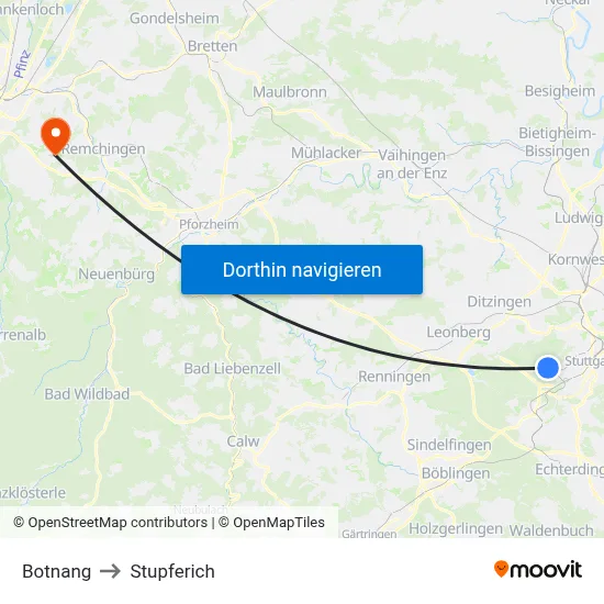 Botnang to Stupferich map