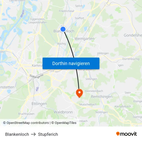 Blankenloch to Stupferich map