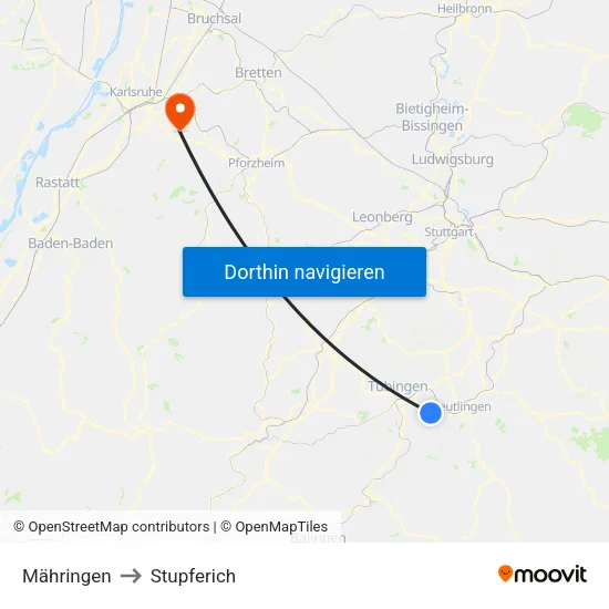 Mähringen to Stupferich map