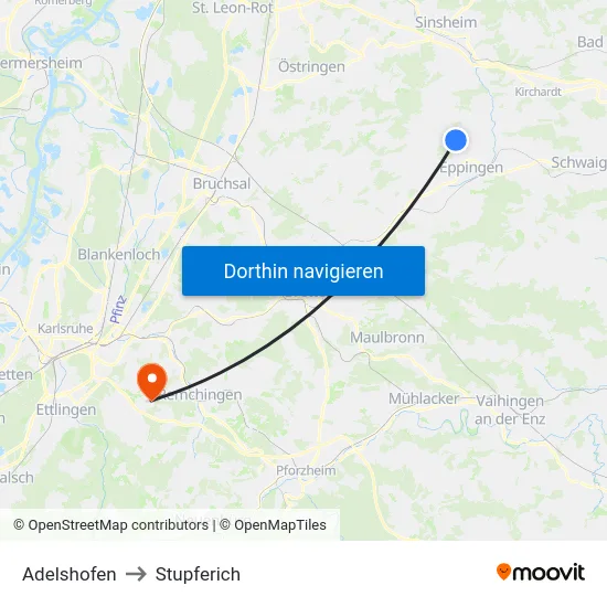 Adelshofen to Stupferich map
