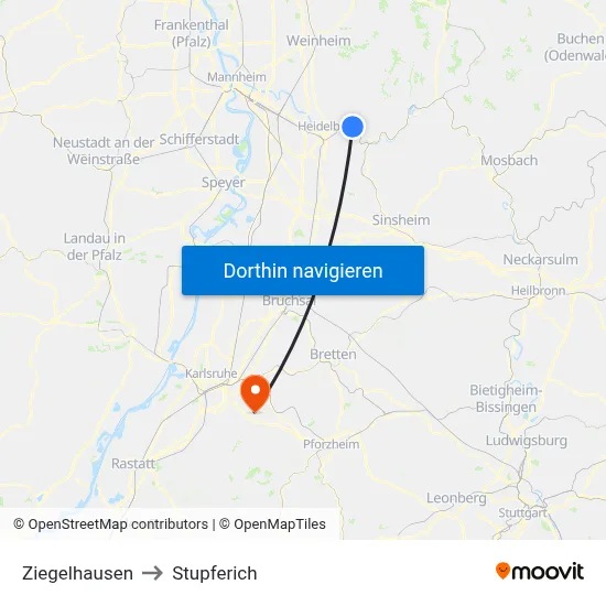 Ziegelhausen to Stupferich map