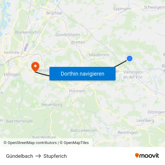 Gündelbach to Stupferich map