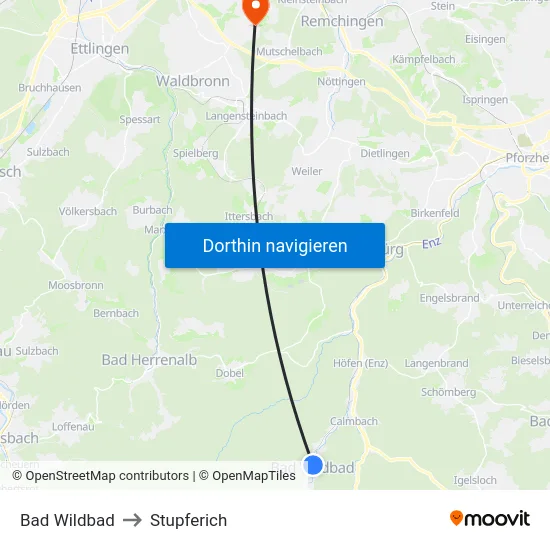 Bad Wildbad to Stupferich map